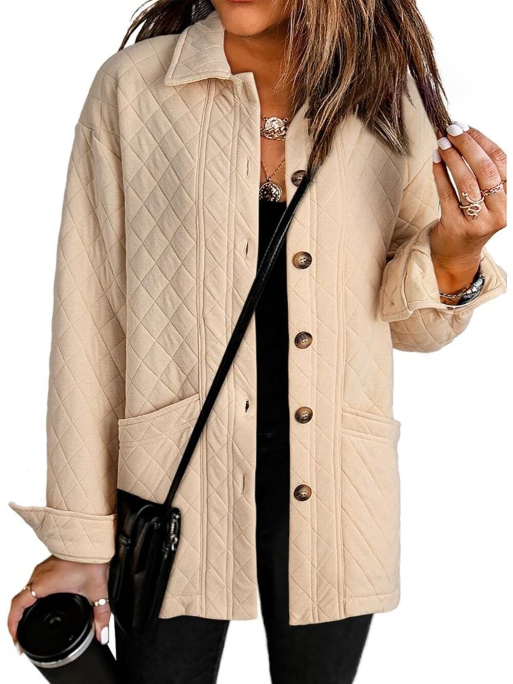 〽️Women's Apricot Quilted Lightweight Button Down Collared Pocket Sleeve Coat